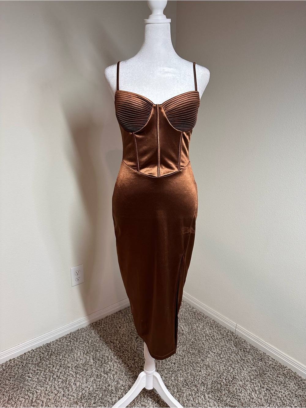 Windsor Copper-Brown Satin Bustier Slip Dress